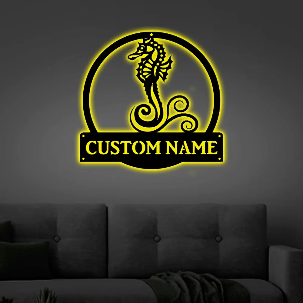 Personalized Seahorse Monogram Metal Sign Art With Led Lights, Custom Seahorse Metal Sign, Seahorse Lover Sign Decoration For Living Room