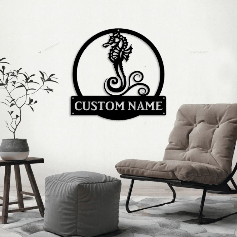 Personalized Seahorse Monogram Metal Sign Art With Led Lights, Custom Seahorse Metal Sign, Seahorse Lover Sign Decoration For Living Room