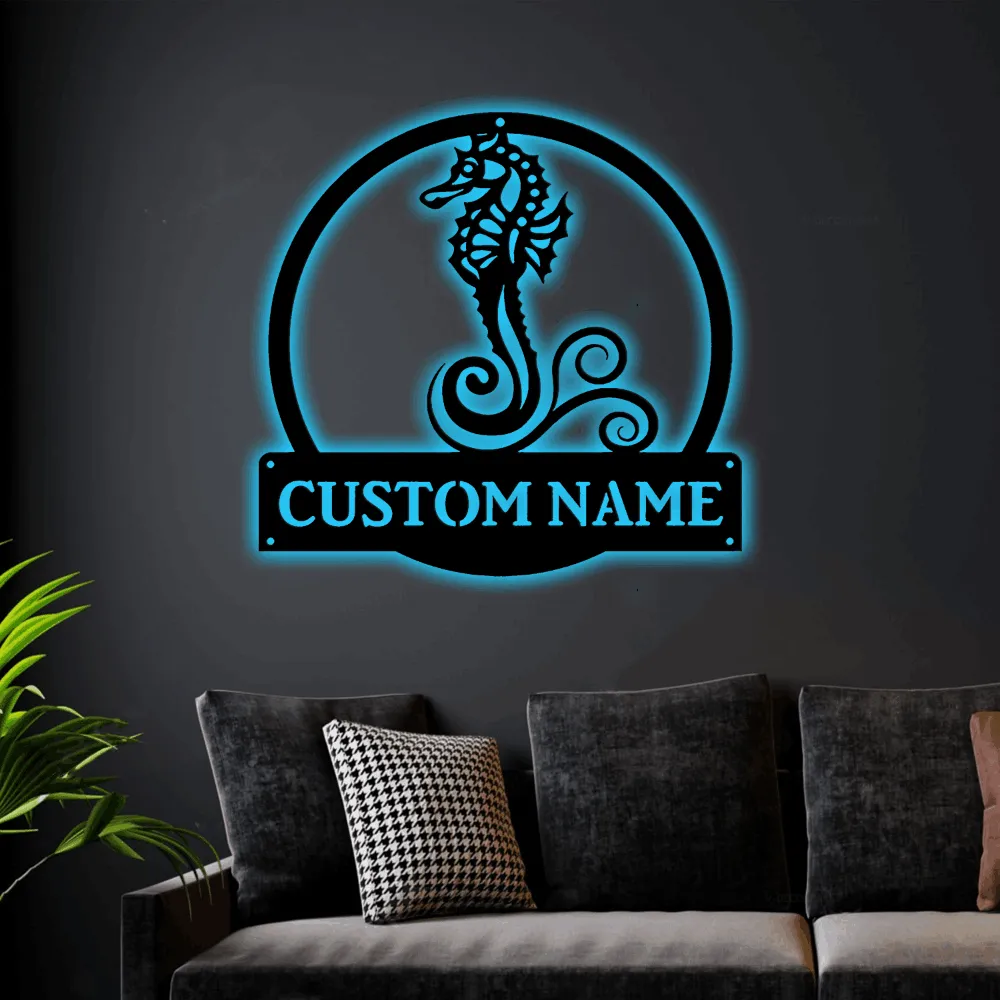 Personalized Seahorse Monogram Metal Sign Art With Led Lights, Custom Seahorse Metal Sign, Seahorse Lover Sign Decoration For Living Room