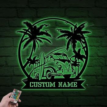 Personalized Surfing Van Metal Sign With Led Lights, Vintage Summer, Palm Tree Surfing Beach Decor, Surf Board Metal Wall Art