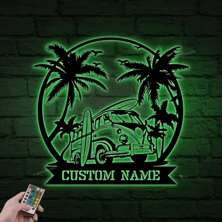 Personalized Surfing Van Metal Sign With Led Lights, Vintage Summer, Palm Tree Surfing Beach Decor, Surf Board Metal Wall Art