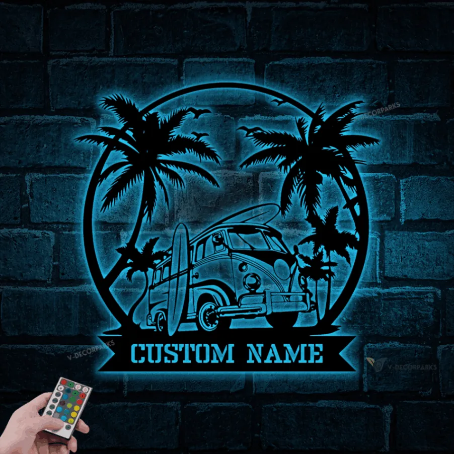 Personalized Surfing Van Metal Sign With Led Lights, Vintage Summer, Palm Tree Surfing Beach Decor, Surf Board Metal Wall Art