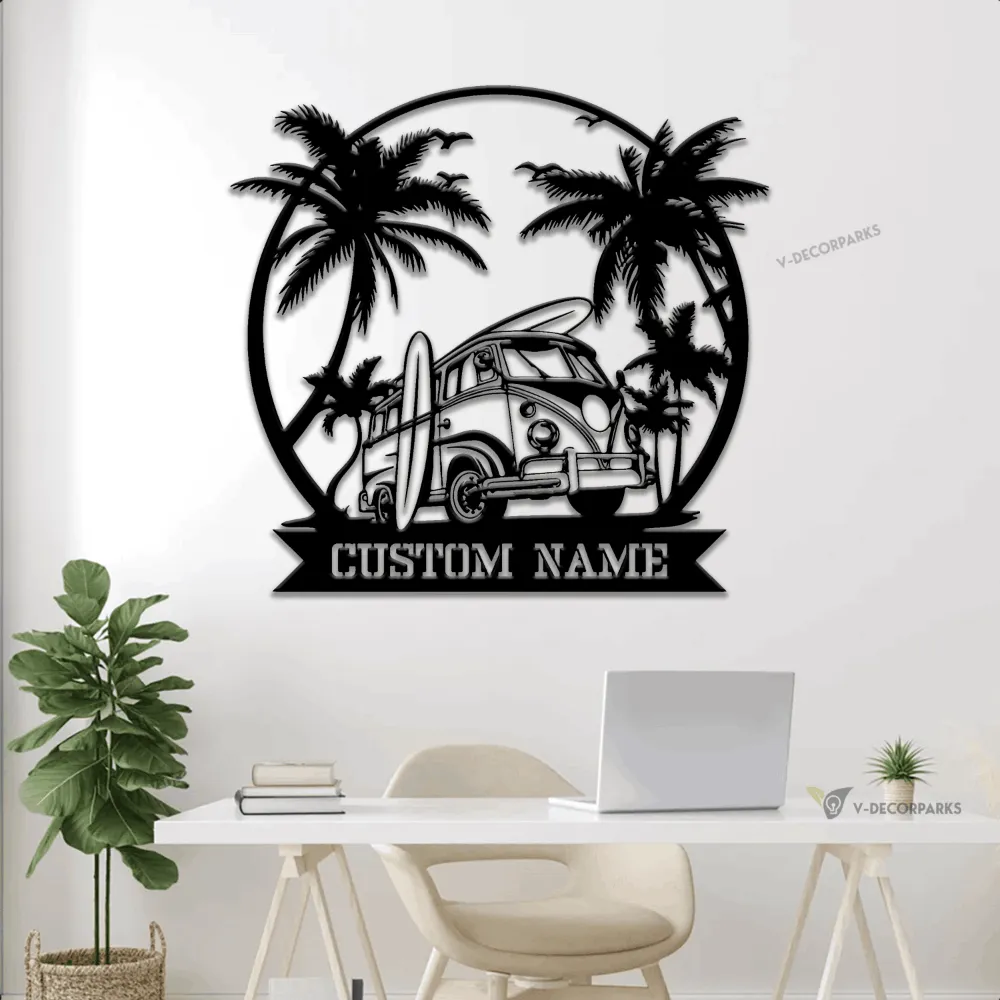 Personalized Surfing Van Metal Sign With Led Lights, Vintage Summer, Palm Tree Surfing Beach Decor, Surf Board Metal Wall Art