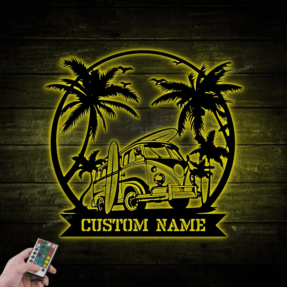 Personalized Surfing Van Metal Sign With Led Lights, Vintage Summer, Palm Tree Surfing Beach Decor, Surf Board Metal Wall Art