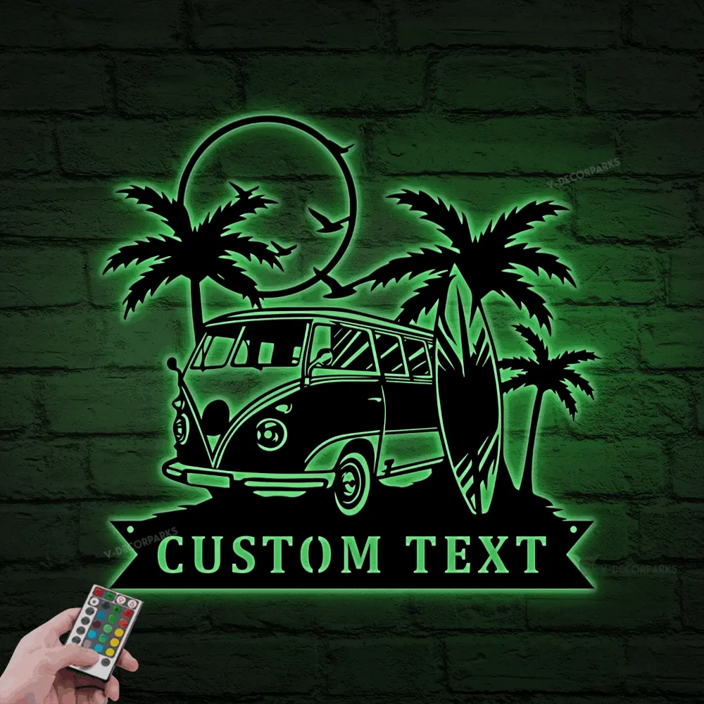 Personalized Surfing Van Metal Sign With Led Lights, Vintage Summer, Palm Tree Surfing Beach Decor, Surf Board Metal Wall Art