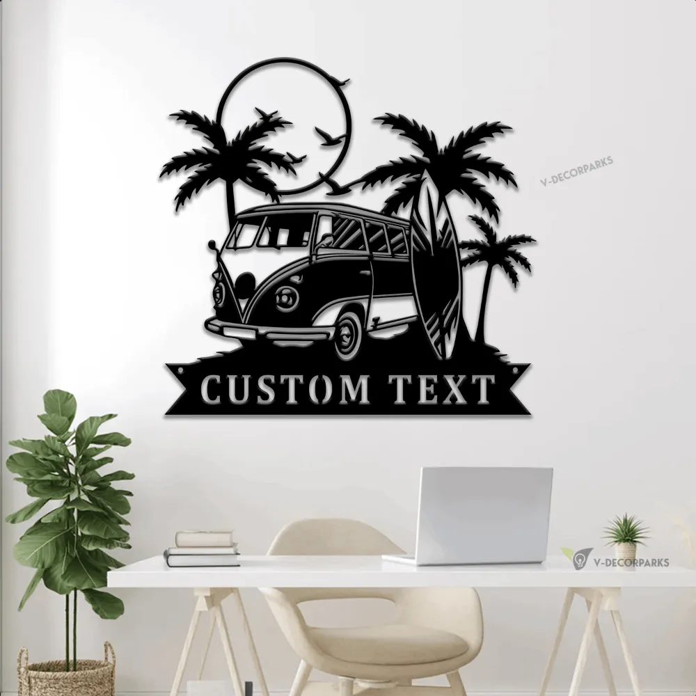 Personalized Surfing Van Metal Sign With Led Lights, Vintage Summer, Palm Tree Surfing Beach Decor, Surf Board Metal Wall Art