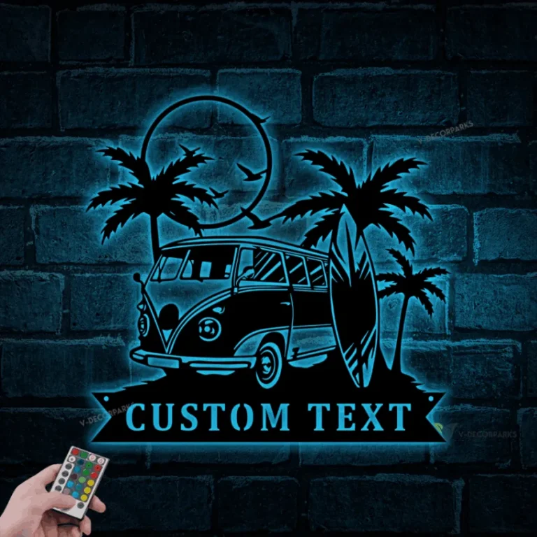 Personalized Surfing Van Metal Sign With Led Lights, Vintage Summer, Palm Tree Surfing Beach Decor, Surf Board Metal Wall Art
