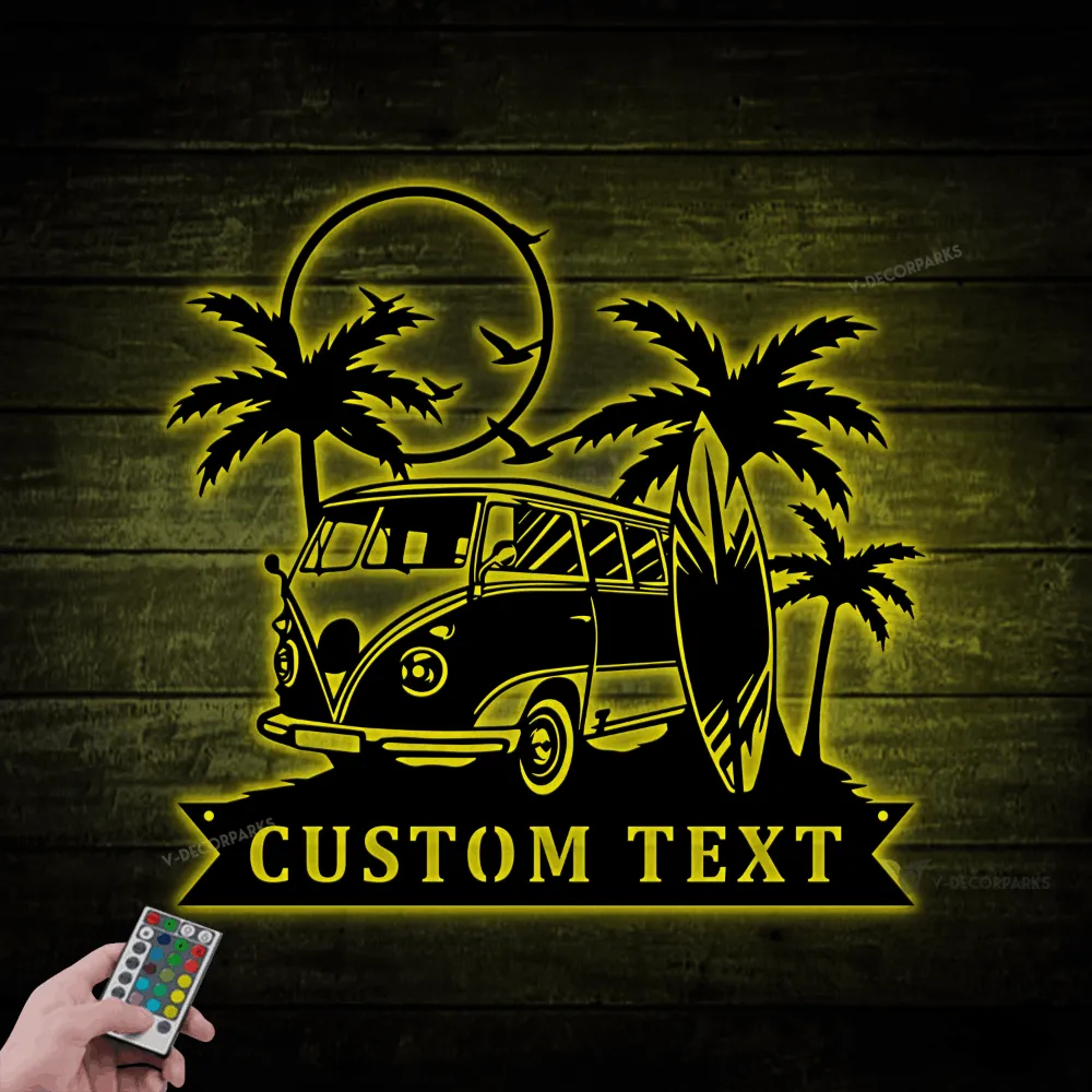 Personalized Surfing Van Metal Sign With Led Lights, Vintage Summer, Palm Tree Surfing Beach Decor, Surf Board Metal Wall Art