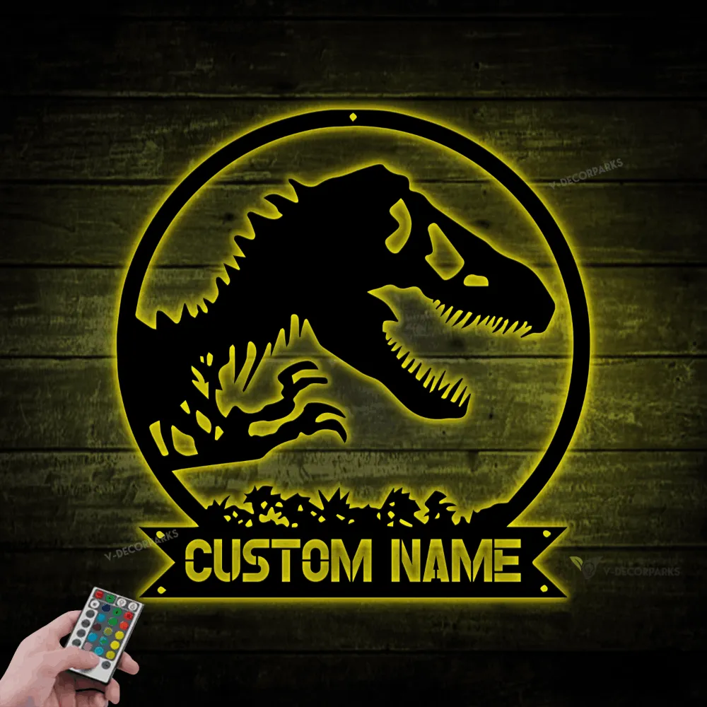 Personalized T Rex Dinosaur Metal Sign With Led Lights, Funny Dino Skeleton, Jurassic Park Metal Wall Art, Kid Room Decor