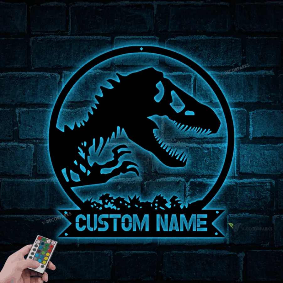 Personalized T Rex Dinosaur Metal Sign With Led Lights, Funny Dino Skeleton, Jurassic Park Metal Wall Art, Kid Room Decor