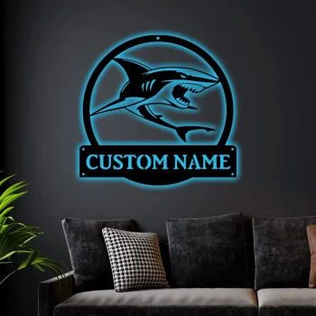 Personalized Tiger Shark Monogram Metal Sign Art With Led Lights, Custom Shark Monogram Metal Sign, Birthday Gift, Animal Funny, Father's Day Gift