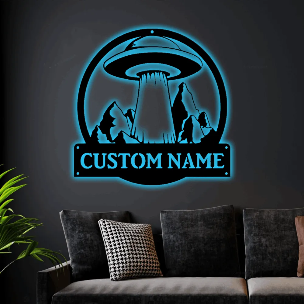 Personalized Ufo Metal Sign Art With Led Lights, Custom Ufo Metal Sign, Ufo Gift Funny Hobbie Gift, Birthday Gift, Ufo Metal Wall Decor