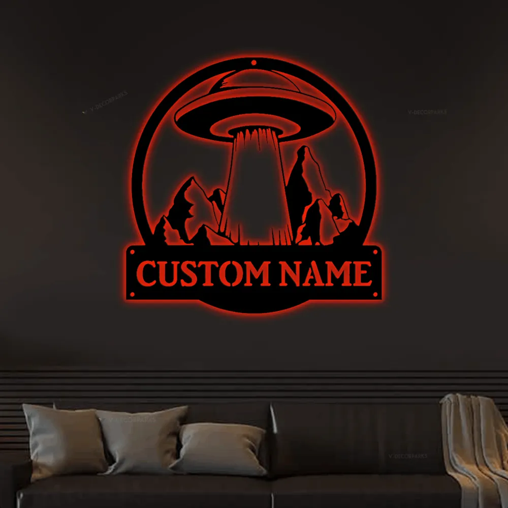 Personalized Ufo Metal Sign Art With Led Lights, Custom Ufo Metal Sign, Ufo Gift Funny Hobbie Gift, Birthday Gift, Ufo Metal Wall Decor