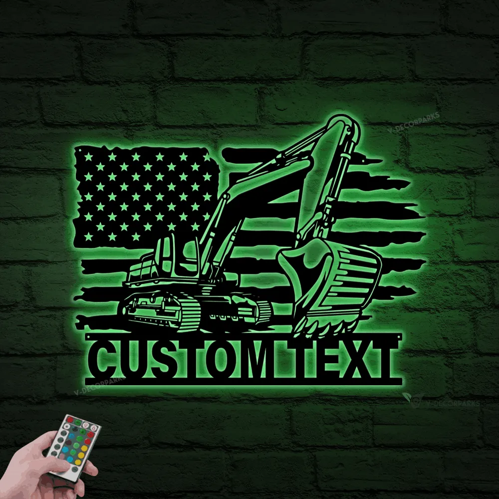 Personalized Us Flag Excavator Metal Wall Led Lights, Man Cave Decor, Custom Excavator Driver Sign, Construction Monogram, American Flag Sign