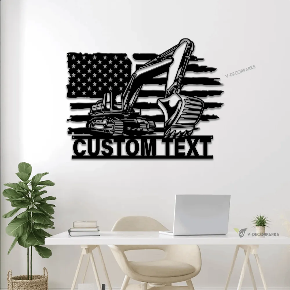 Personalized Us Flag Excavator Metal Wall Led Lights, Man Cave Decor, Custom Excavator Driver Sign, Construction Monogram, American Flag Sign