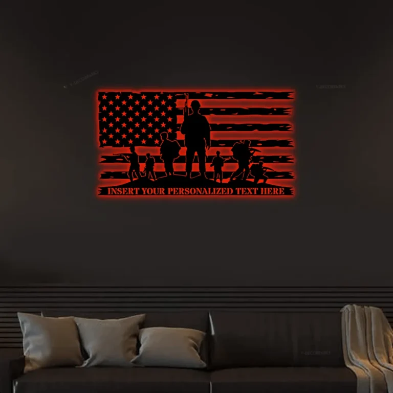 Personalized Led Lights Us Military Flag Metal Sign, Army Wall Art Monogram, Metal Sign For Us Military, Custom American Army Steel Sign