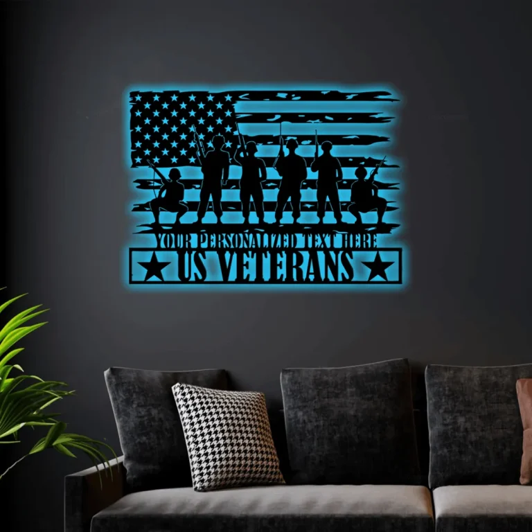 Personalized Us Veterans Flag With Led Lights Metal Sign Gift, Army Wall Art Monogram, Metal Sign For Us Veteran, Custom Us Veteran Steel Sign