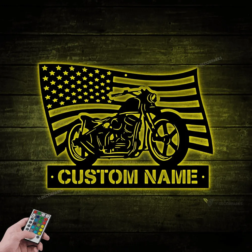 Personalized Usa Flag Motorcycle Metal Sign With Led Lights, Motorcycle Metal Wall, Biker Home Decor, Motorcycle Garage Name Sign