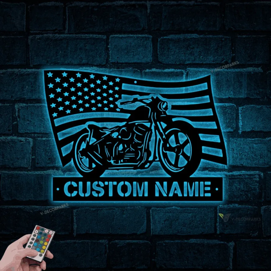 Personalized Usa Flag Motorcycle Metal Sign With Led Lights, Motorcycle Metal Wall, Biker Home Decor, Motorcycle Garage Name Sign