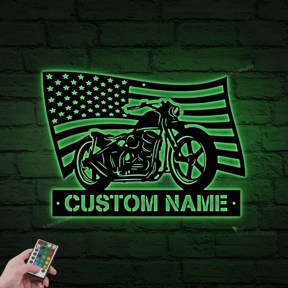 Personalized Usa Flag Motorcycle Metal Sign With Led Lights, Motorcycle Metal Wall, Biker Home Decor, Motorcycle Garage Name Sign
