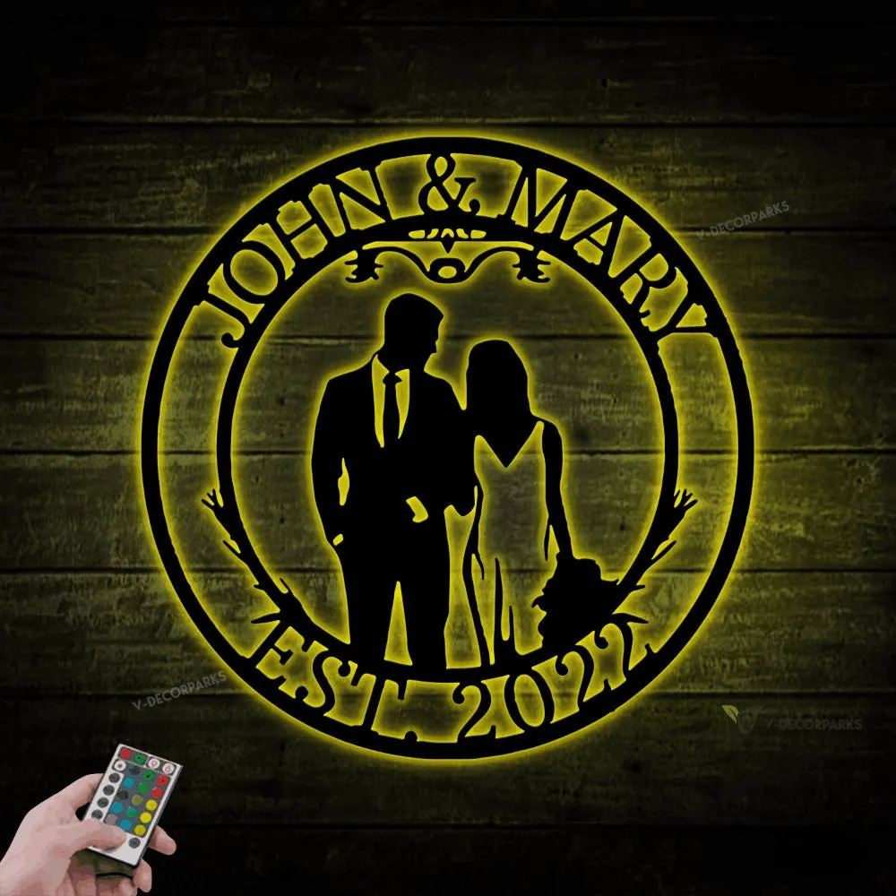 Personalized Wedding Metal Sign With Led Lights, Couple Sign Art, Wedding Anniversary, Bedroom Decor, Wall Hanging, Unique Gift, Wedding Gift