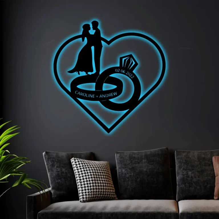 Personalized Wedding Rings Of Love Wall Decor Wedding Gift, Wedding Name With Led Lights Sign Gift, Custom New Married Name Steel Sign Monogram Gift