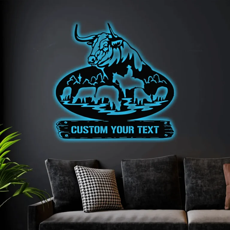 Personalized Wildlife Bulls And Horse Rider In Nature Led Lights Metal ...