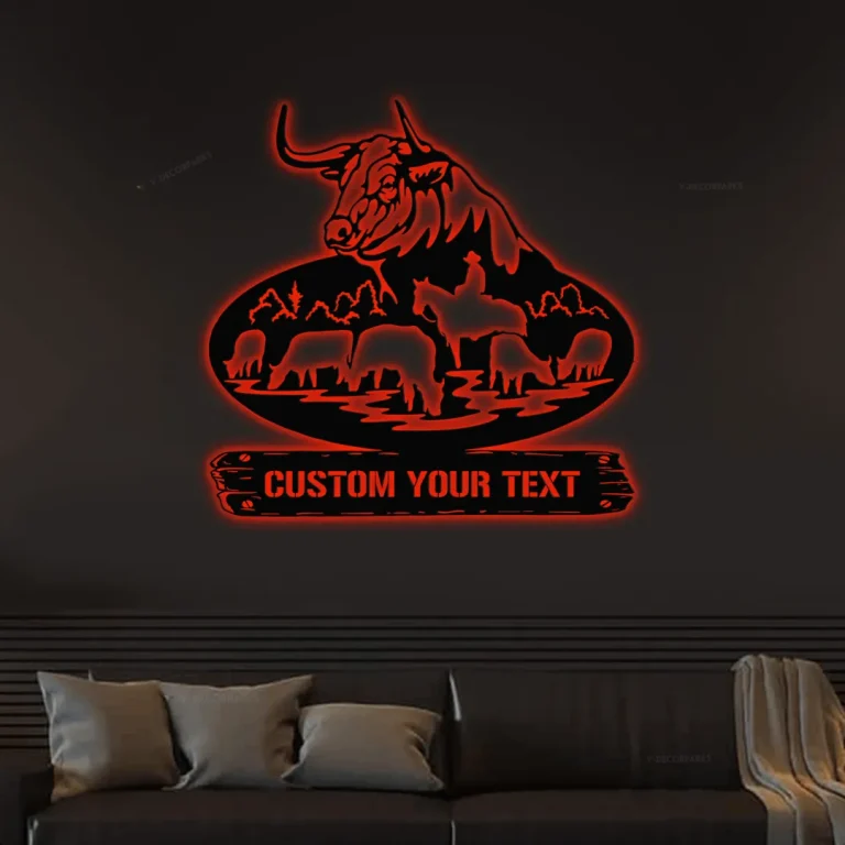 Personalized Wildlife Bulls And Horse Rider In Nature Led Lights Metal ...