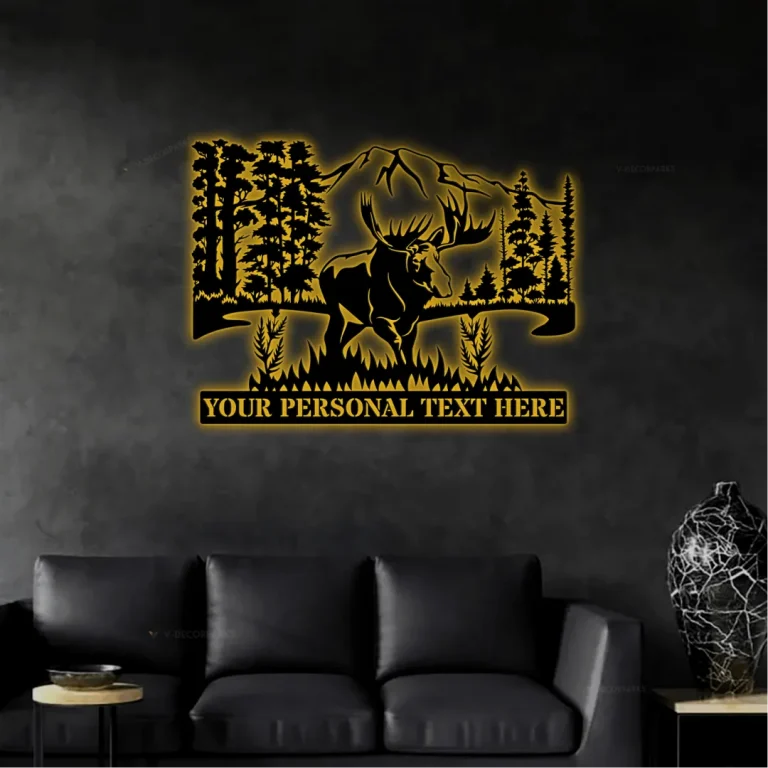 Personalized Wildlife Moose Mountain Landscape With Led Lights Metal Sign, Custom Nature Wall Art, Wolf Steel Sign Monogram