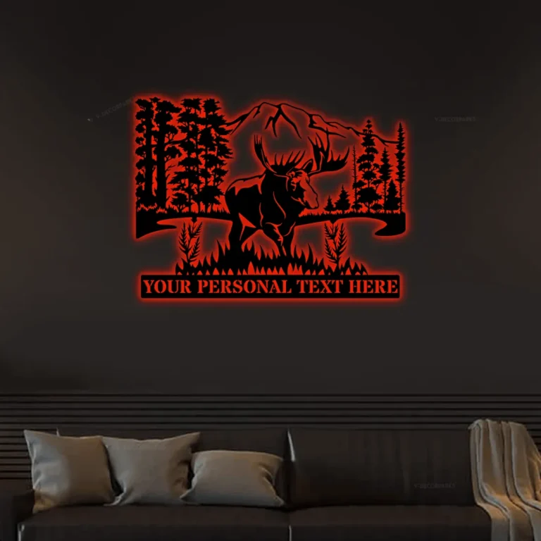 Personalized Wildlife Moose Mountain Landscape With Led Lights Metal Sign, Custom Nature Wall Art, Wolf Steel Sign Monogram