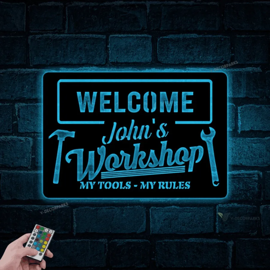 Personalized Workshop Metal Sign With Led Lights, My Tools My Rules, Workshop Decor, Gift For Father, Wall Hanging, Man Cave Sign