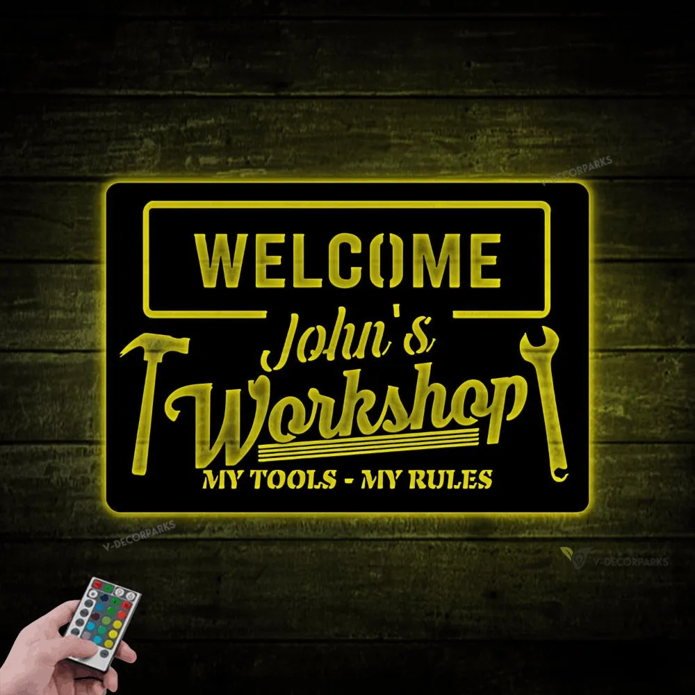 Personalized Workshop Metal Sign With Led Lights, My Tools My Rules, Workshop Decor, Gift For Father, Wall Hanging, Man Cave Sign
