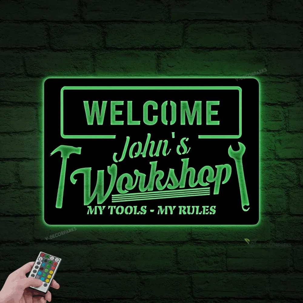 Personalized Workshop Metal Sign With Led Lights, My Tools My Rules, Workshop Decor, Gift For Father, Wall Hanging, Man Cave Sign