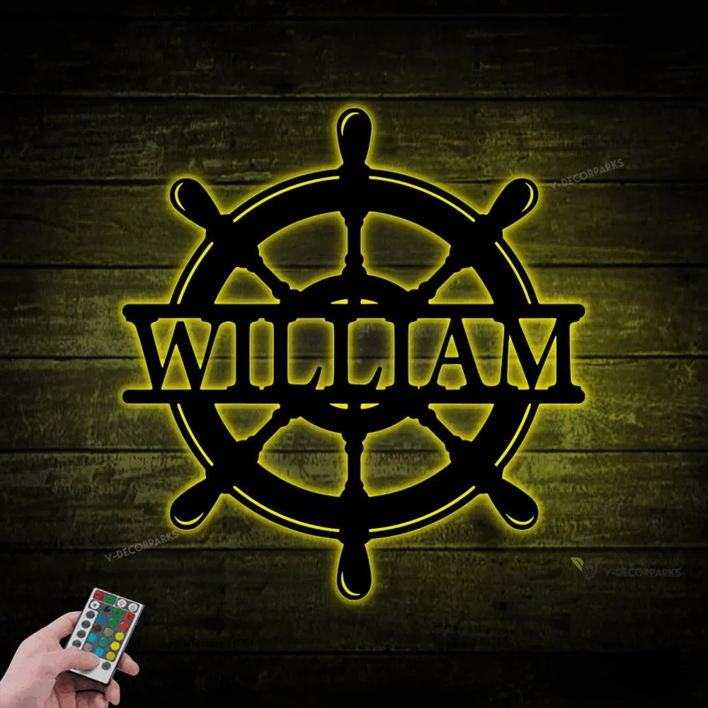 Personalized Ship Wheel Monogram Metal Sign With Led Lights, Boat Wheel Custom Name Wall Decor, Nautical Wall Art, Steering Wheel Sign