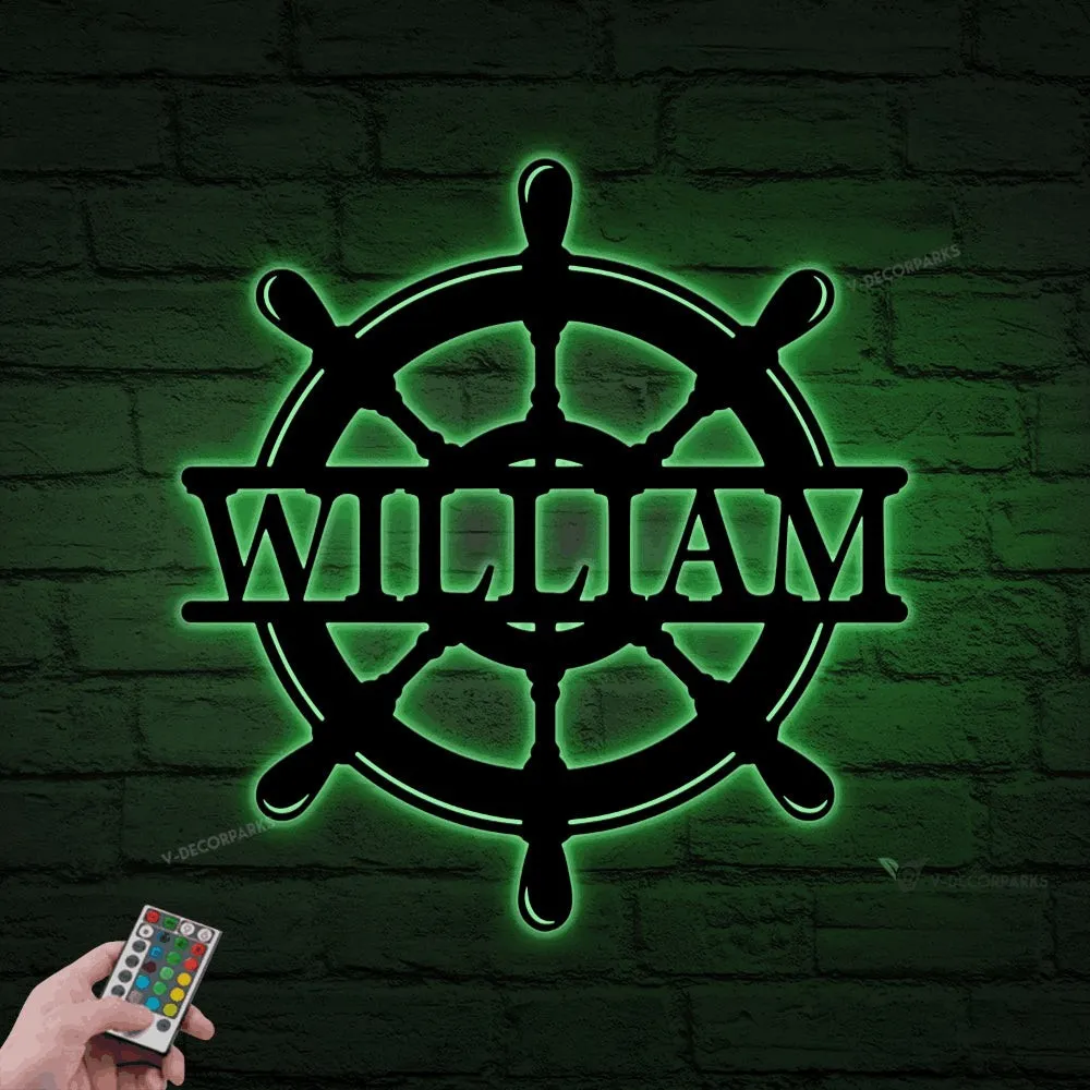Personalized Ship Wheel Monogram Metal Sign With Led Lights, Boat Wheel Custom Name Wall Decor, Nautical Wall Art, Steering Wheel Sign