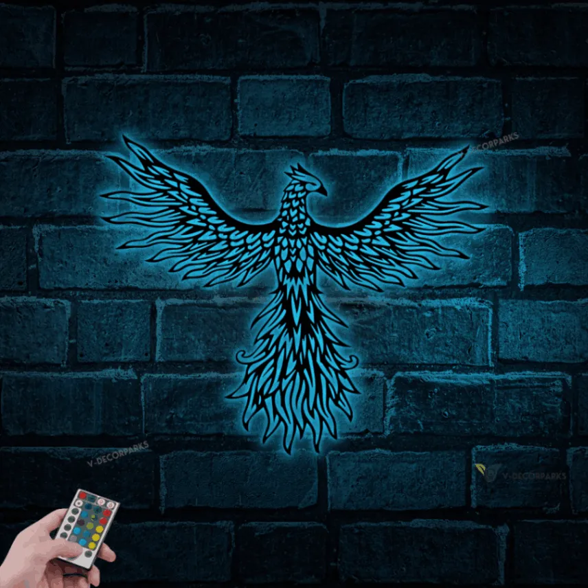 Phoenix Metal Sign With Led Lights, Phoenix Metal Wall Art, Office Decor, Legendary, Bird Metal Sign, Living Room Decor