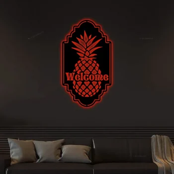 Pineapple Welcome Sign With Led Lights, Patio Porch Decor, Pineapple Decor, Metal Wall Art