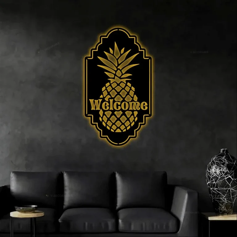 Pineapple Welcome Sign With Led Lights, Patio Porch Decor, Pineapple Decor, Metal Wall Art