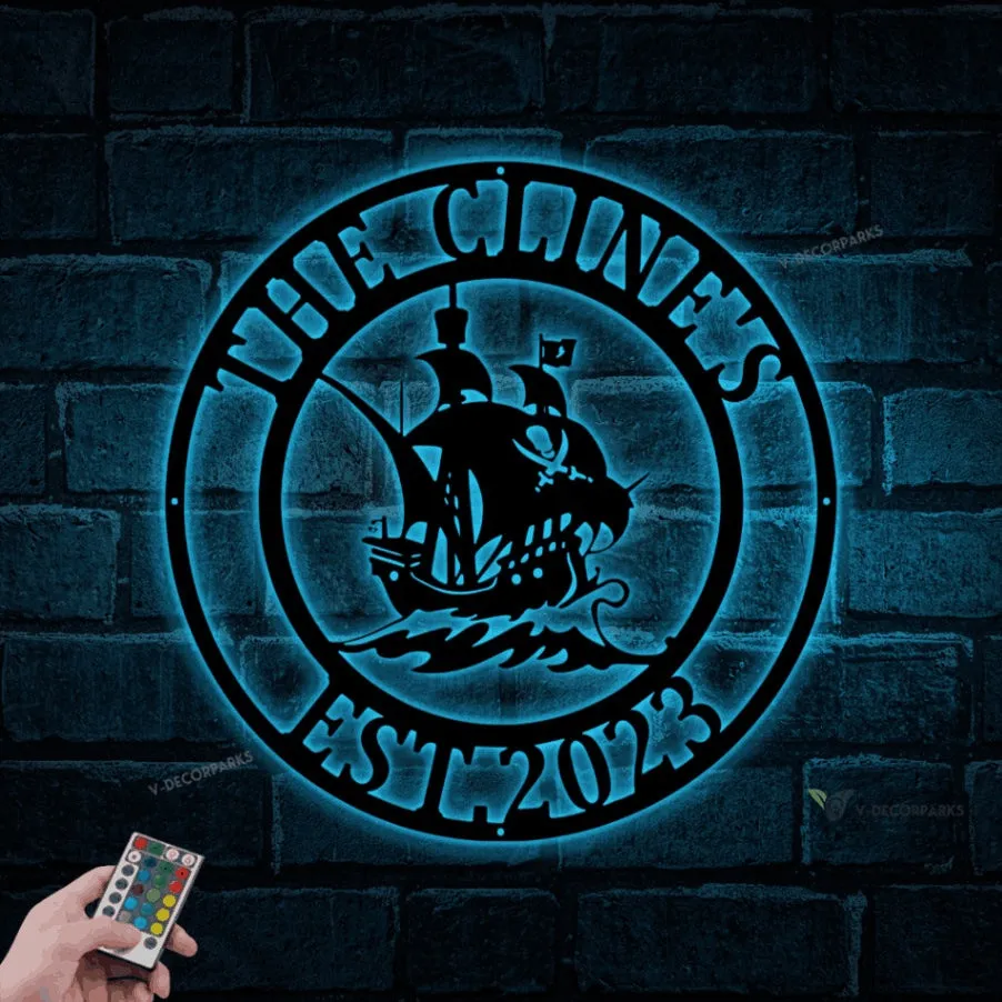 Pirate Ship Custom Wall Decoration With Led Lights, Metal Powder Coated Pirate Ship Sign, Metal Pirate Ship Decor, Vintage Ship Art,metal Ship Sign