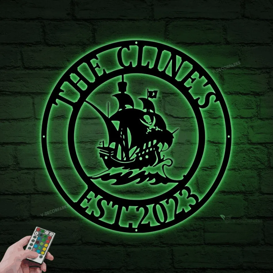 Pirate Ship Custom Wall Decoration With Led Lights, Metal Powder Coated Pirate Ship Sign, Metal Pirate Ship Decor, Vintage Ship Art,metal Ship Sign