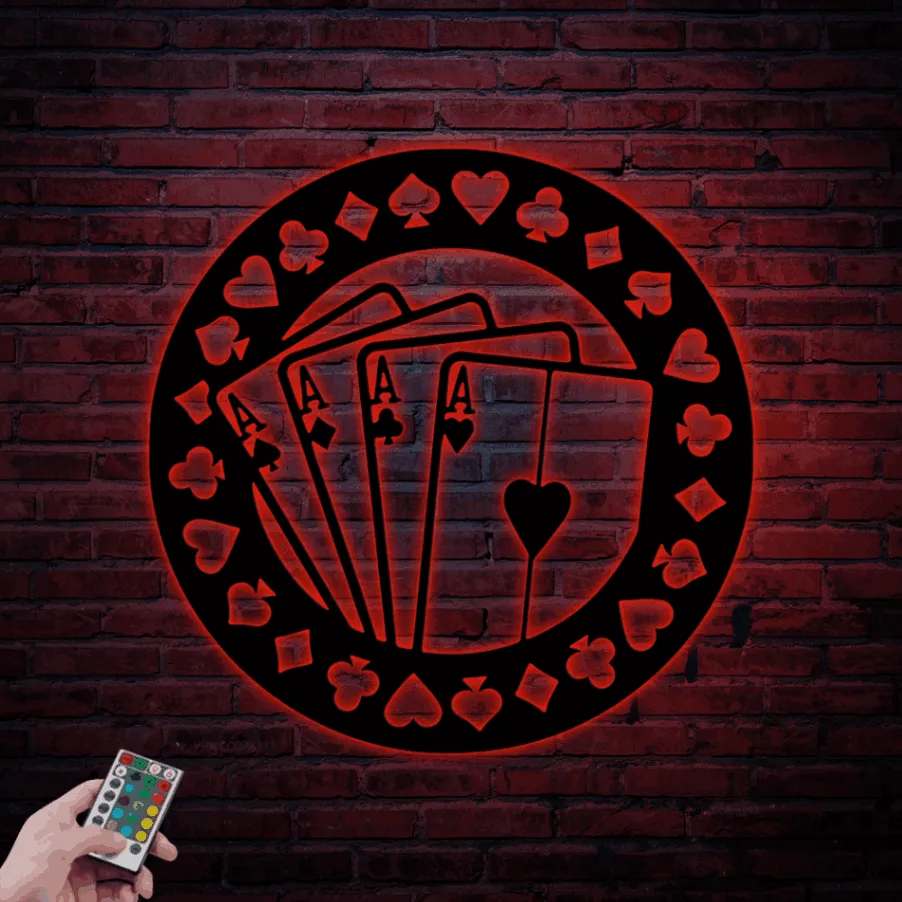 Poker Sign With Led Lights, Metal Poker Wall Art, Poker Cards Sign, Game Room Decor, Poker Room Sign, Poker Mancave Decor Poker Gift