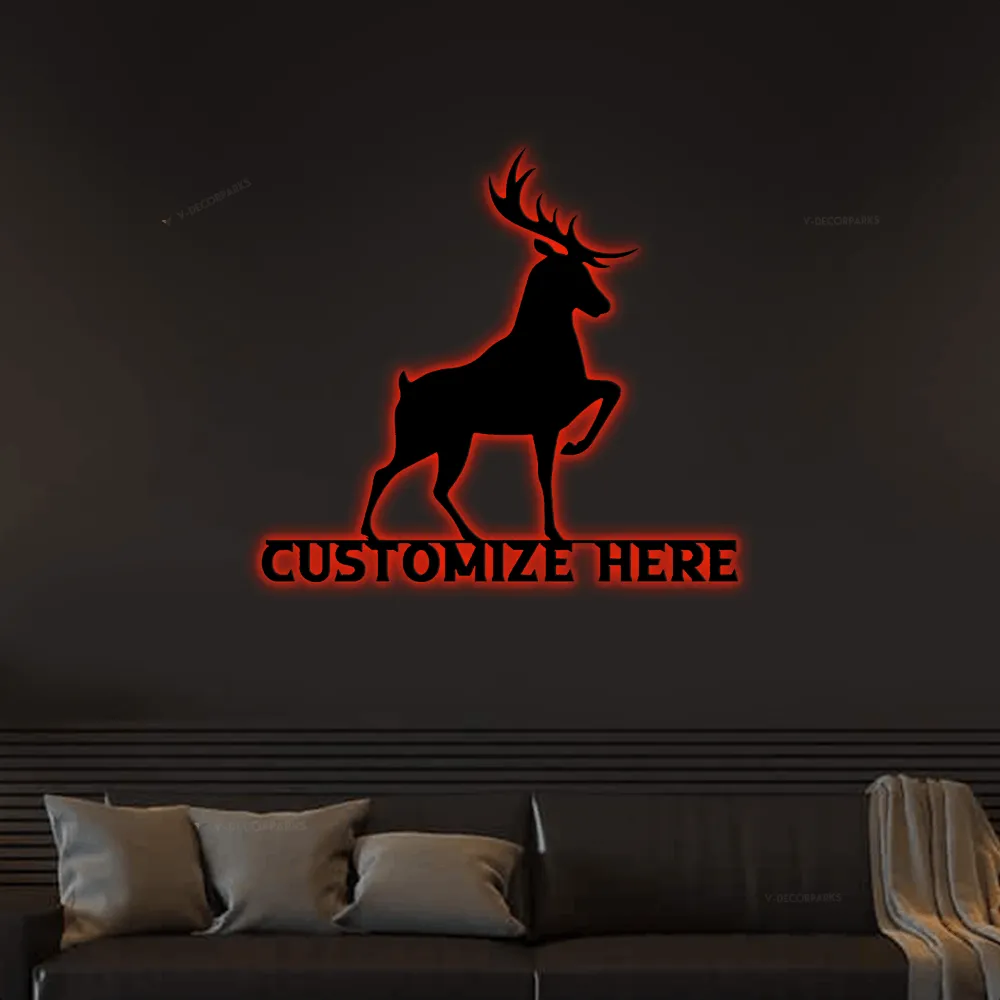 Prancing Deer Sign With Led Lights, Customizable Metal Home Decor, Cabin Sign, Gift For Hunter, Metal Wall Art, Farmhouse Decor, Custom Metal Sign