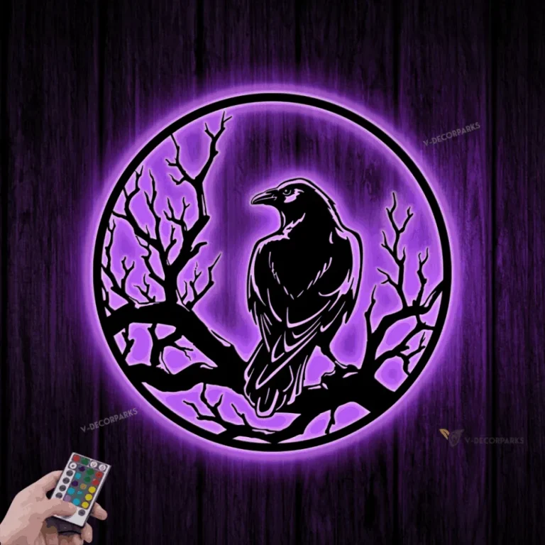 Raven Metal Wall Art With Led Lights, Crow Moon Sign, Home Decor, Black Horror Bird Decoration, Man Cave Hanging Door, Housewarming Halloween Gift