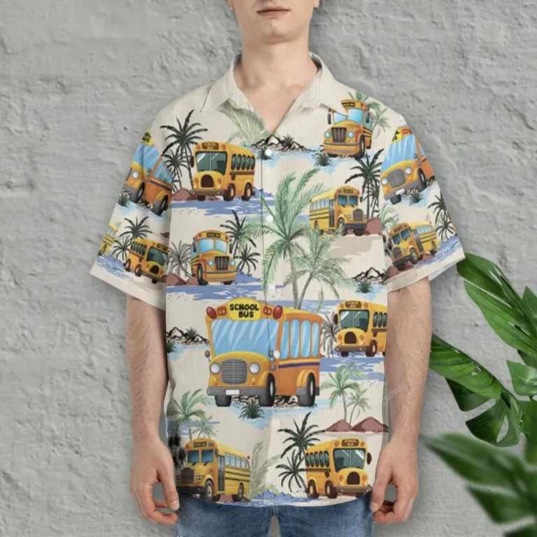 Tropical School Bus Hawaiian Shirt For Men Women, Bus Summer Beach Shirt, Tropical Hawaiian Aloha Shirt, Back To School Button Down Short Sleeve Shirt