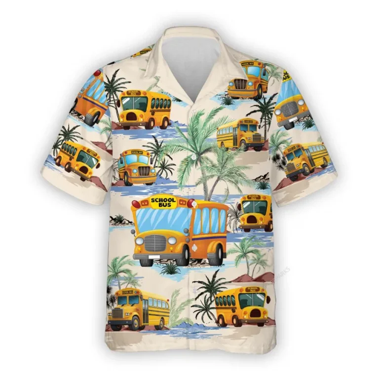 Tropical School Bus Hawaiian Shirt For Men Women, Bus Summer Beach Shirt, Tropical Hawaiian Aloha Shirt, Back To School Button Down Short Sleeve Shirt
