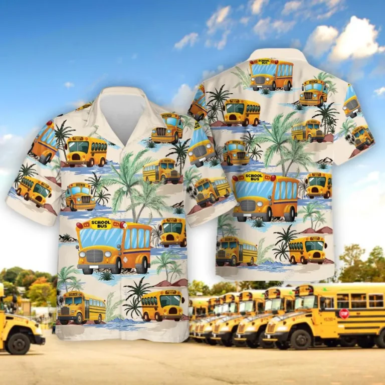 Tropical School Bus Hawaiian Shirt For Men Women, Bus Summer Beach Shirt, Tropical Hawaiian Aloha Shirt, Back To School Button Down Short Sleeve Shirt