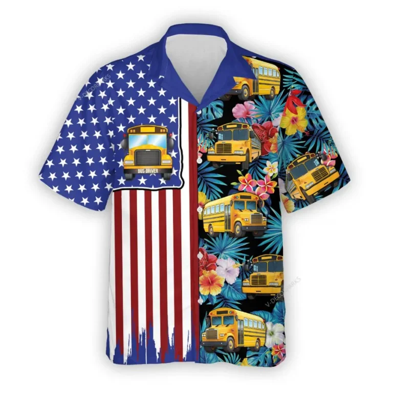 School Bus Hawaiian Shirt For Men Women, Tropical Bus Summer Beach Shirt, American Flag 3d Aloha Shirts, Back To School Button Down Short Sleeve Shirt