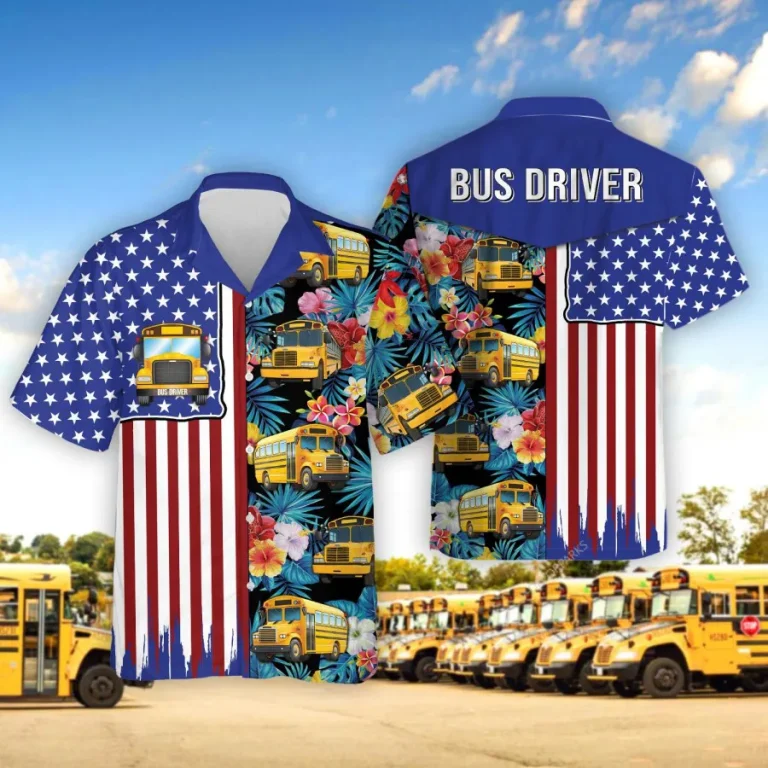 School Bus Hawaiian Shirt For Men Women, Tropical Bus Summer Beach Shirt, American Flag 3d Aloha Shirts, Back To School Button Down Short Sleeve Shirt