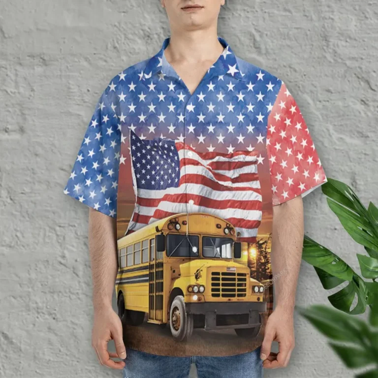 School Bus Hawaiian Shirt For Men Women, School Bus Summer Beach Shirt, American Flag 3d Aloha Shirts, Back To School Button Down Short Sleeve Shirt