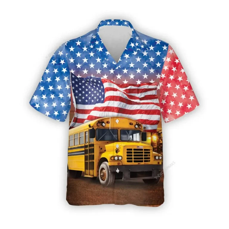 School Bus Hawaiian Shirt For Men Women, School Bus Summer Beach Shirt, American Flag 3d Aloha Shirts, Back To School Button Down Short Sleeve Shirt